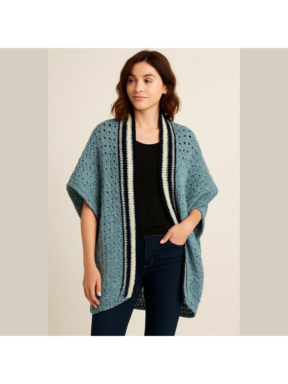 Hand crocheted handmade OSFM blue striped open cardigan cottagecore